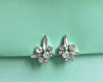 Vintage Clear Rhinestone Clip On Earrings Wedding Bridal Jewelry Gift Idea