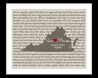 1 Lyric Wedding Gift Custom Map With First Dance Lyrics Art or Wedding Song Personalized For Bride and Groom Engagement Gift Print ANY Song
