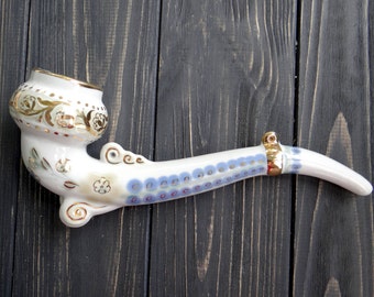 Porcelain pipe Smoking pipe glass Tobacco pipe Smoking bowl Ceramic pipe Decorative pipe Blue gold white Wife gift Sister gift for smoker