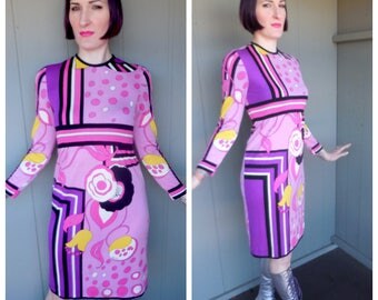Designer Vintage 1960's Geometric Abstract Floral Empire Waist Shift Dress by Paganne - size Small Medium
