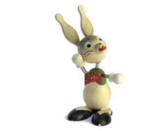 Vintage Wooden Bunny Rabbit Nodder Head Toy. 1950s Booble Head Toy Rabbit.