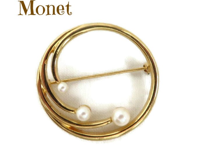 Monet Circle Brooch - Vintage Faux Pearl Gold Tone Circle Pin, Gift idea, Gift Box