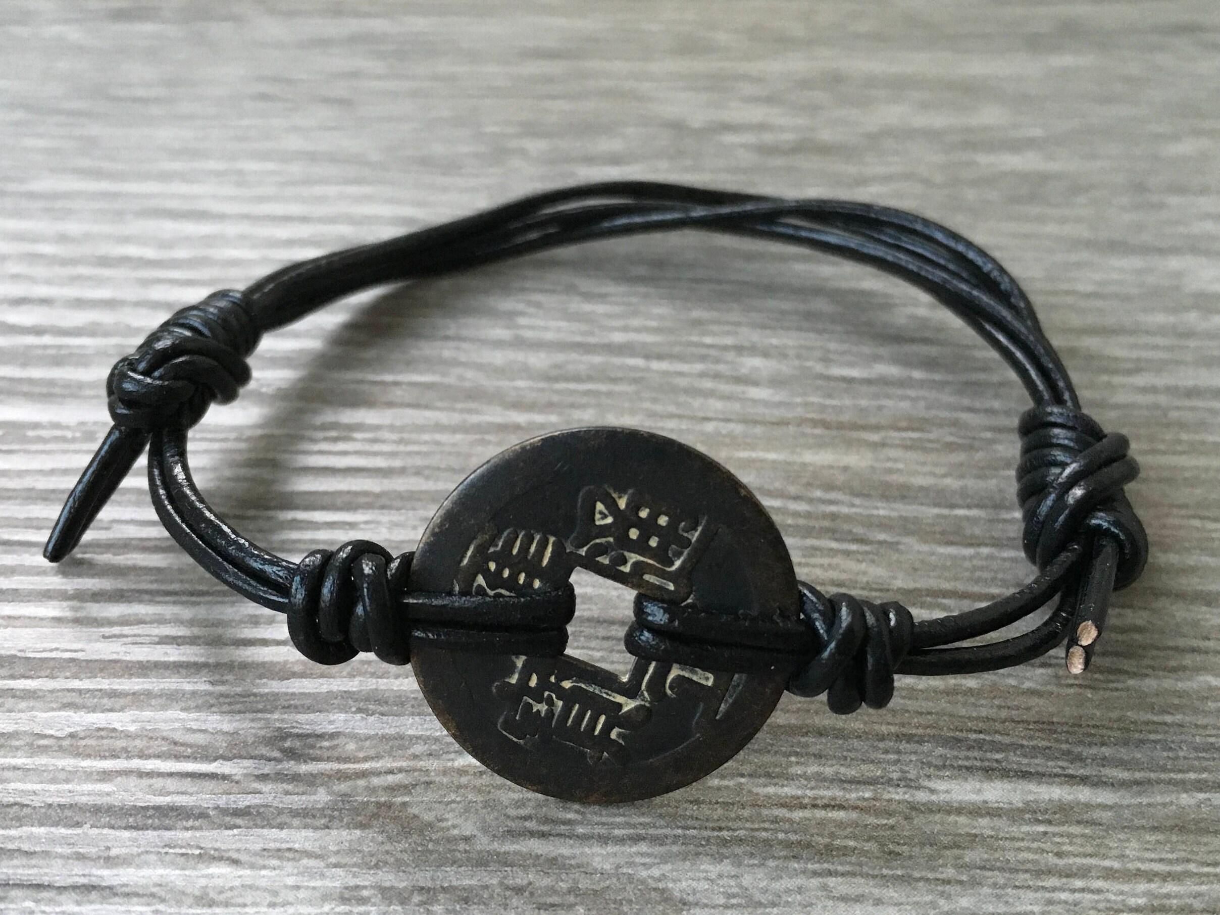 Mens coin bracelet, ancient Chinese coin bracelet, leather jewelry