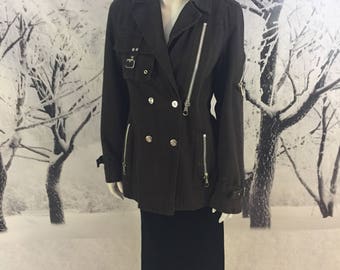 French Canvas Car Coat Deep Chocolate Brown Medium Fit Biscote Paris Quilted Lining Oversized Zips 100% Cotton Great Tailored Fit