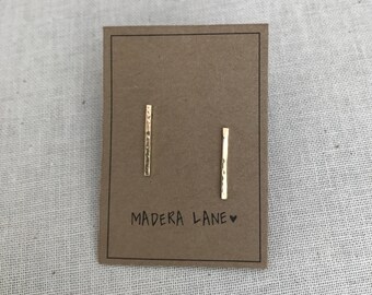 Hammered Bar Stud Earrings in Brass. Line Earrings. Gold Bar Earrings. Sterling Silver Posts. Minimalist Jewelry. Square Bar Earrings.