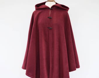 Burgundy Hooded Cloak, Dark Red Hooded Cape, Plus Size Cape Coat, Fleece Cape, Cosplay Cloak, Red Riding Hood Cape
