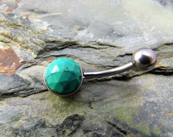 Tibetan Turquoise Belly Bar Surgical Steel Belly Button Ring Rose Cut Turquoise Belly Ring December birthstone