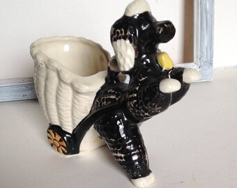 Vintage Poodle Planter, Black and White Poodle, Collectible Pottery, Mid Century Poodle Dog and Cart Planter, Hand Painted, Made in Japan