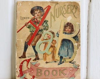 Antique Linen NURSERY ABC Illustrated Children's Book 1900, Rare Books, Shabby Chic Nursery Decor