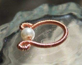 Wirework jewelry, coiled copper ring, white pearl, gift for her