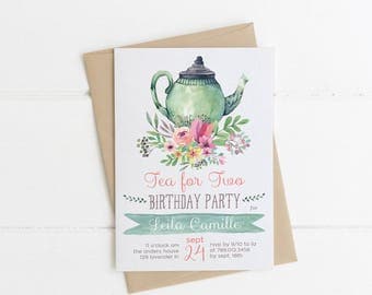 Tea for Two Birthday Invitations, Tea Party Invite Printable, Tea Pot, Florals, Watercolor, Garden 2nd Birthday, Three 3rd, 4th, 5th, 60th