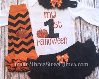 My First Halloween Girl Outfit My 1st Boo Personalized Baby girl clothes Opt Leg Warmers Headband Tutu Bloomers Orange Black Chevron Glitter