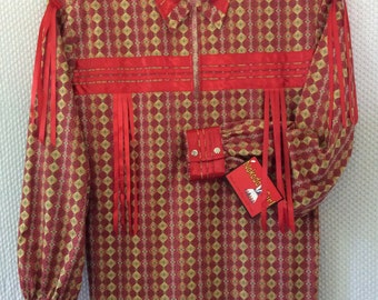 Native American Regalia*Nakoda Made*Traditional RED Calico Pow Wow Ribbon Shirt©