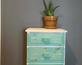 Shabby chic, furniture, aqua, white, chalk paint, modern vintage, jewelry box, nightstand, side table, small dresser, cottage chic, coastal