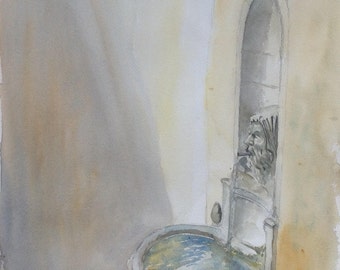 Watercolor painting watercolor wasserfarbe Pernes Provence Vaucluse fountain fountain fontein aquarel painting art kunst Town Hall square