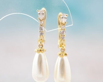 Wedding Pearl Earrings Pearl Yellow Gold Earrings Dainty Pearl Earrings Pearl Drop Earrings Zirconia Pearl Dangle Earrings Pearl Jewelry