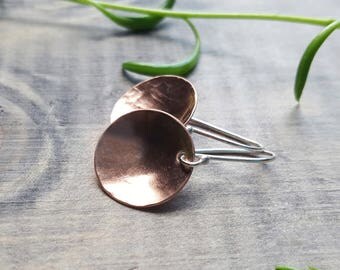 Hammered Copper Earring, Copper Disc Earrings, Elegant Earring, Mixed Metal Jewelry, Sterling Silver, Copper Jewelry, Simple Jewelry
