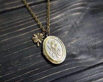 Secret message locket necklace lucky charms four leaf clover necklace inspirational necklace photo necklace inspirational quote jewelry gift