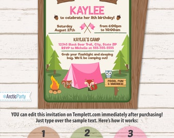 Camping Party Invitations for Girls - Camping Birthday Invitations - Camping Party Supplies - INSTANT ACCESS! Edit NOW with Templett.com