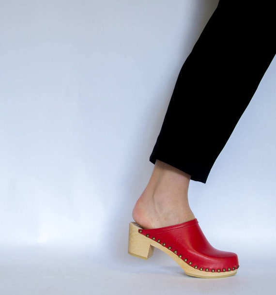 Red Leather Clogs for Women / Wooden Clogs / Sandal Clogs