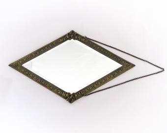 Charming Unusual French Vintage Little Wall Art Deco Mirror with Ornaments, Lozenge Shape, Beveled Glass, Rococo, Home Decor, France, 1940s