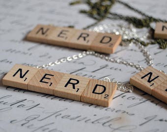Wooden Scrabble Tile * Cute Nerd Necklace * Silver or Bronze Chain