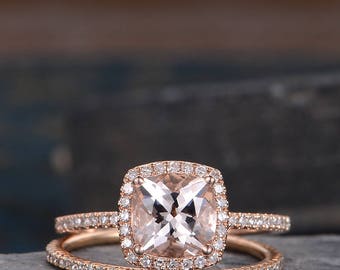 Moganit Engagement Ring Set Rose Gold Cushion Cut Bridal Set Halo Wedding Band Women Diamond Matching Ring Half Eternity Promise Ring