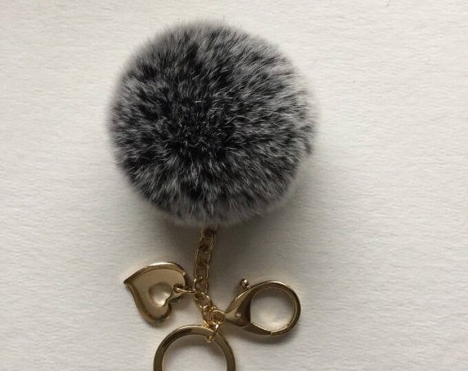 Black fur pom pom keychain frosted REX Rabbit fur pom pom ball with heart bag charm
