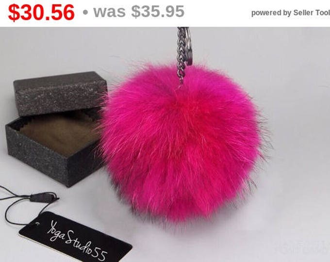 NEW GunMetal™ Hot Pink Color Raccoon Fur Pom Pom bag charm keychain keyring puff fluffy chain