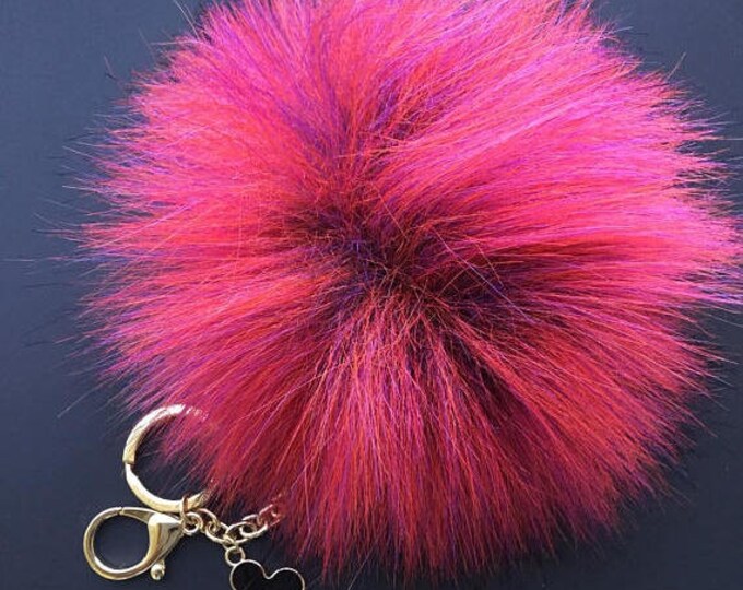 NEW! Faux Fox multicolor Dark Pink Fur Pom Pom bag Keyring Hot Couture Novelty keychain pom pom fake fur puff keyring