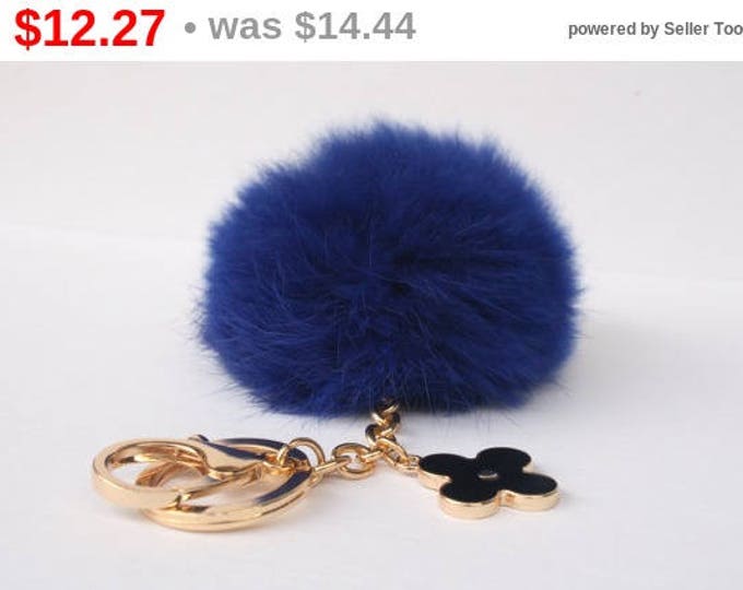 Pom-Perfect Navy Rabbit fur pom pom ball keychain or bag pendant with flower charm
