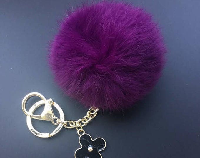 Purple Genuine Rabbit fluffy ball furkey fur ball pom pom keychain for car key ring Bag Pendant