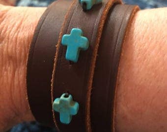 Leather Wrap Cuff and Turquoise Crosses