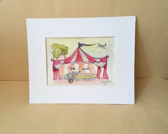 Watercolor circus painting, Elephant,Trapeze,plane,striped tent,flag, Children's art,nursery,wall art, original art