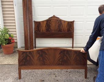 Antique bed frame mahogany carved wood ornate chinoiserie pagoda chippendale fleur de lis fretwork vintage head board foot board side rails