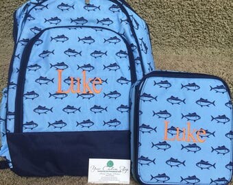 Personalized back pack and lunch bag SET Finn Backpack and Lunch bag, book bag, lunch box, fish print, monogrammed, boys, kids, diaper bag