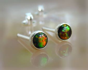 Fire opal stud earrings, 4mm black opal stud earrings, opal posts earring