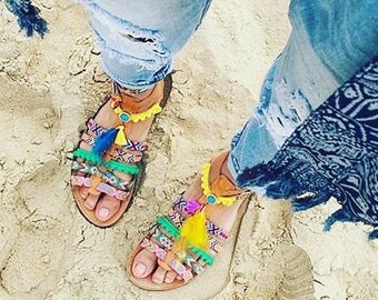 On sale Pom Pom Sandals, Boho Sandals, Greek Leather Sandals, Women gift, Boho Gladiator sandals, Summer sandals, Bohemian sandals,Decora...