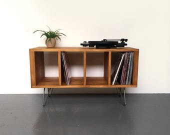 Sonor Small Record Player or TV Stand with Vinyl Storage Solid Wood on Mid Century Hairpin Legs.