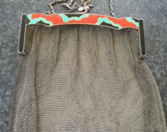 Rare Art Deco European Made Enameled Sterling Fine Mesh Purse