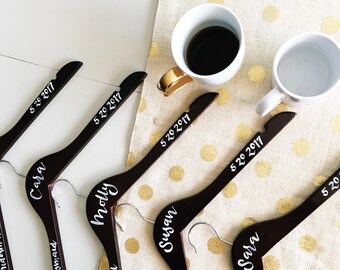 Wooden Bridesmaid Hangers Handpainted with Modern Calligraphy // MOH Bridesmaid Gift