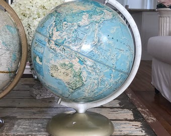 Beautiful VINTAGE WORLD GLOBE • Rand McNally Globe • Turquoise & Creme Hues • Metal Stand !