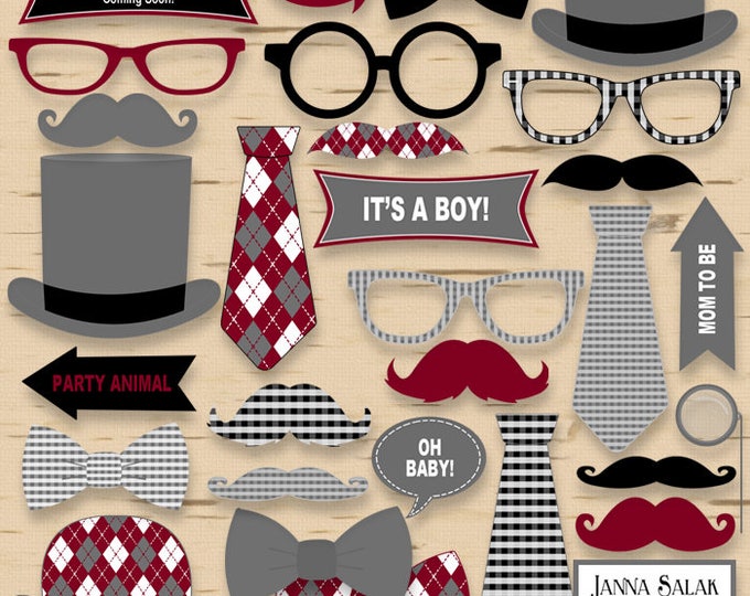 Printable Little Man Photo Booth Props Baby Shower Burgundy Black Grey White Pdf DIY INSTANT DOWNLOAD LM009