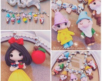 Bracelet and earrings "snow white and the seven dwarfs Disney Princess Cute Chibi Bijoux Fimo Polymer Clay Kawaii Tiny disney character