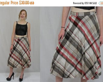 Summer Sale Vintage 70s High Waist Tan Red Plaid Pleated School Girl Hippie Boho Midi Skirt M