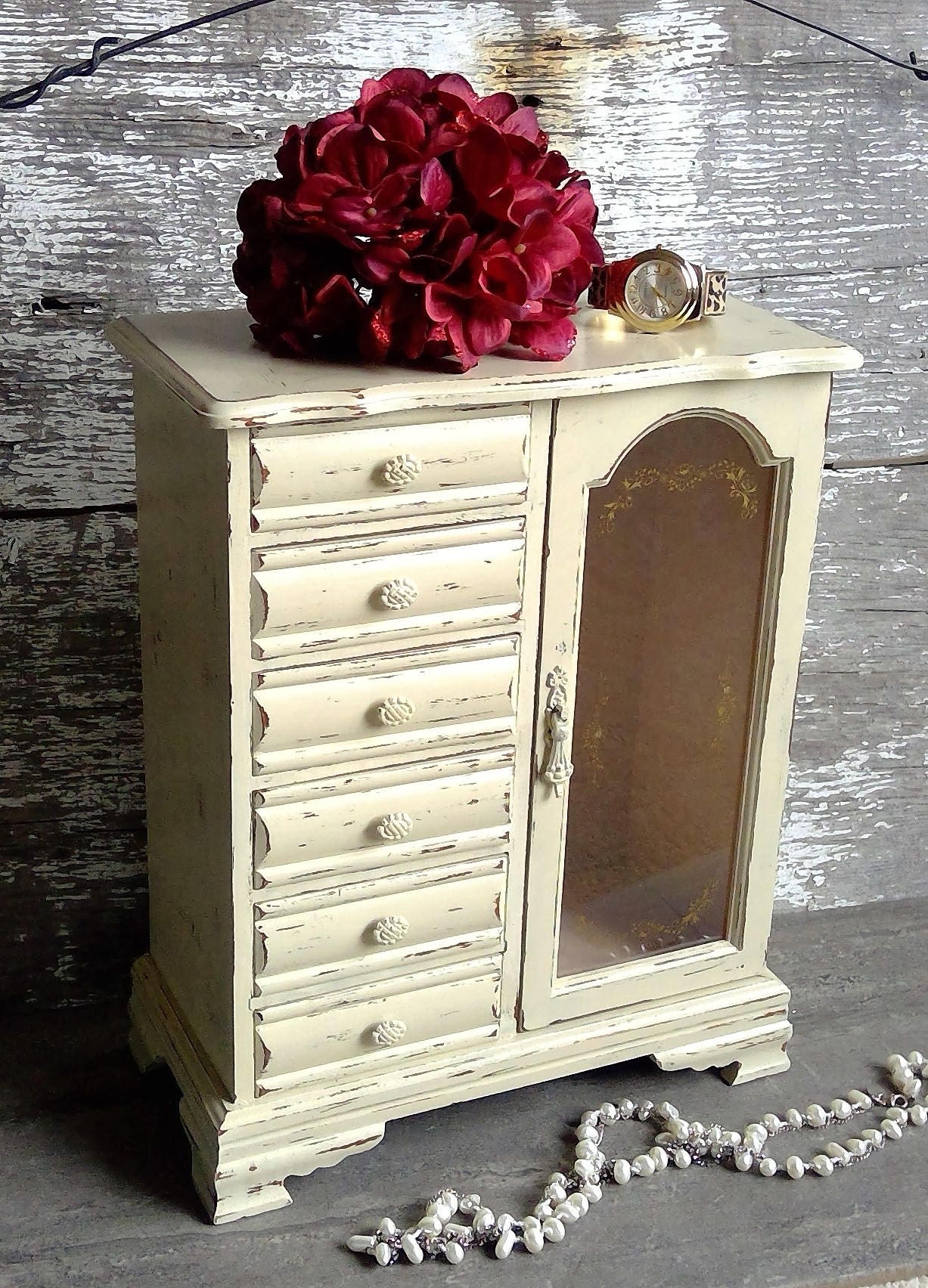 Large Off White Jewelry Box Armoire Shabby Tall Vintage Chic