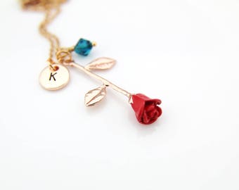 Red Rose Necklace, Rose Gold Initial Necklace, Rose Gold Rose Charm Necklace,Birthstone Jewelry, Gold Rose Necklace, Personalized Necklace