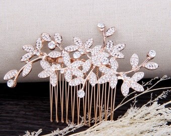 Rose Gold Bridal Hair Comb, Wedding Hair Comb, Wedding Hair Accessories, Leaf Wedding Headpiece, Rose Gold Bridal Hair Pieces For Wedding