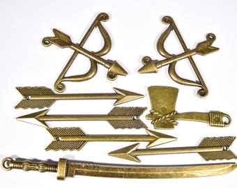 Medieval Weapon Charm Collection - 8 Bronze Military Charms - Weapon Pendants - Crossbow Charms - Sword Charms - Battle Axe Charms - BC1866