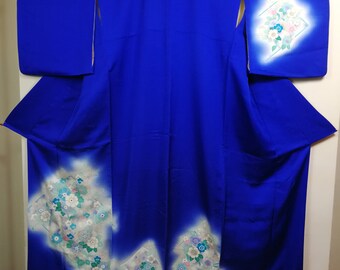 Blue floral tsukesage traditional Japanese kimono